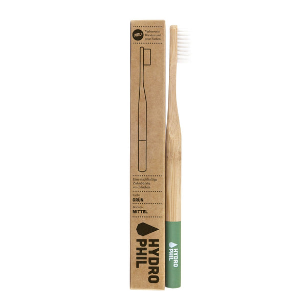 Nachhaltige Zahnbürste von Hydrophil. Aus Bambus produziert. Mit mittelharten Borsten.